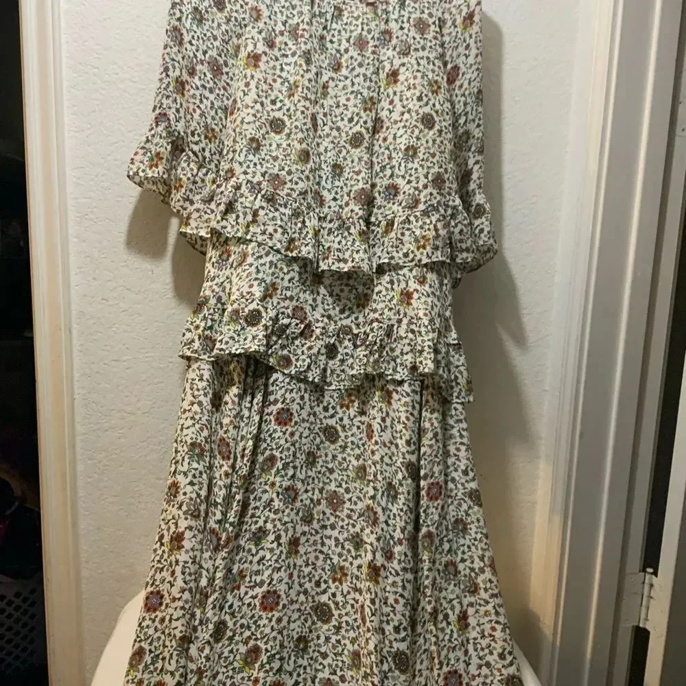 TORY BURCH Ivory Paisley Printed Ruffle Maxi Long Silk Dress 3/4 Sleeves NWOT